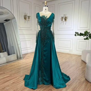 Ships in 1 to 3 Days - Luxury Dubai Green Mermaid Lace Beaded Satin Evening Dresses Formal Gowns 2024 For Woman Wedding Party