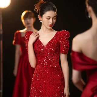 Stunning Red Sequin V-Neck Evening Dress for Weddings and Engagements