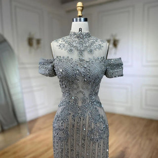 2024 Arabic Silver Nude Mermaid Beaded Crystal Luxury Dubai Evening Dresses Gowns for Women Wedding Party