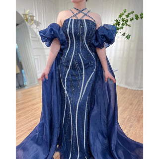 Ships in 1 to 3 Days - Arabic Navy Blue Elegant Mermaid Evening Dress with Balloon Sleeves - Beaded Luxury Dubai Gown for Women's Party