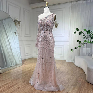 Pink Elegant Mermaid Evening Dress with Skirt - Crystal Beaded Feathers Luxury Gown for Ladies Wedding Party 2024