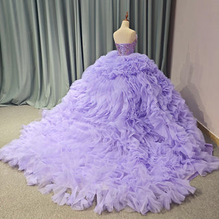 Elegant Purple Ruched Sequins Beaded Puffy Quinceañera Gown