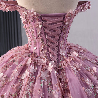 Princess Pink Appliquéd Flower Quinceañera Dress with Long Train