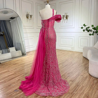 Arabic Fuchsia One-Shoulder Tulle Overskirt Mermaid Beaded Evening Gown for Women Wedding Party 2024