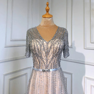 Gold Short Sleeves Evening Gown 2024: Luxury Beaded A-Line for Woman Party