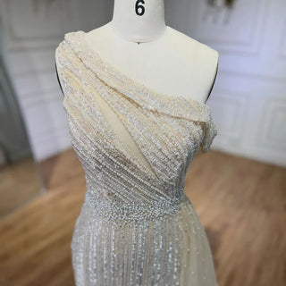 Ships in 1 to 3 Days - Yellow One Shoulder Elegant High Split Mermaid Beaded Evening Dresses Gowns for Women Wedding Party