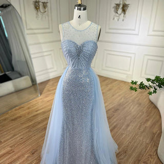 Dubai Arabic Mermaid Blue Elegant with Overskirt Beaded Evening Dresses Gowns for Women's Wedding Party 2024