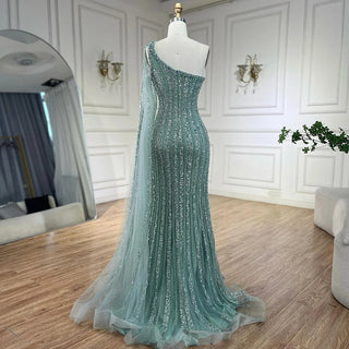 Ships in 1 to 3 Days - Turquoise Mermaid Luxury Beaded Evening Gown 2024 with One-Shoulder Cape Sleeves - Perfect for Women's Wedding Parties