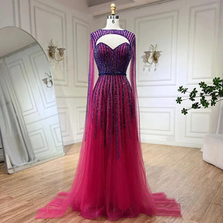 2024 Arabic Fuchsia Cape Sleeves A-Line Beaded Evening Dresses Long Celebrity Gowns for Woman Wedding Party