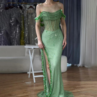 Arabic Green Crystal Luxury Dubai Evening Dresses Gowns High Slit Prom Dress for Women Wedding Party 2025