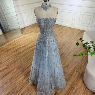 2024 Arabic A-Line Strapless Blue Evening Gown with Luxury Beaded Detailing for Formal Saudi Occasions