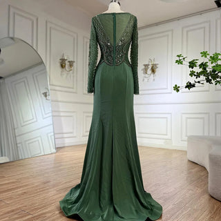 2024 Muslim Elegant Green Satin Mermaid Beaded Luxury Dubai Evening Gown for Women's Party