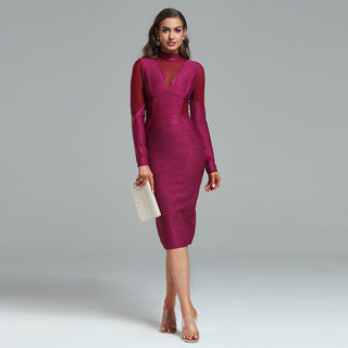 Ships in 1 to 3 Days -Shimmering Long-Sleeve Midi Dress with Sheer Mesh Detail