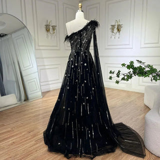 Lilac A-Line One Shoulder Cape Sleeves Feathers Beaded Luxury Evening Dresses: Gowns for Women's Wedding Part