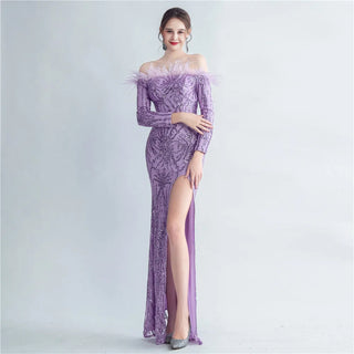 Off-Shoulder Feather Sequin Full Sleeve Evening Dress - Long Party Maxi Dress