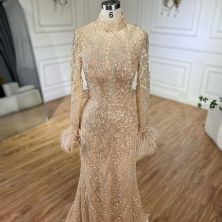 2024 Muslim Women Wedding Party Dubai Gowns Gold Luxury Beaded Feathers Mermaid Long Evening Dresses