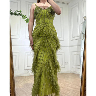 Sunny Meadow Mermaid Evening Gown - Yellow and Green Feathers, Beaded, Ankle-Length for Women's Party 2024