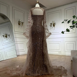 Ships in 1 to 3 Days - 2024 Arabic Caramel Mermaid Evening Gown with Beaded Cape Sleeves - Elegant Dress for Formal Occasions