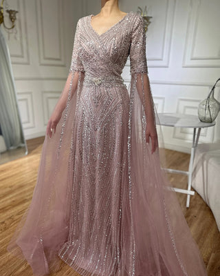 A-Line Beaded Arabic Evening Gown with Cape Sleeves – Ideal for Weddings & Special Occasions