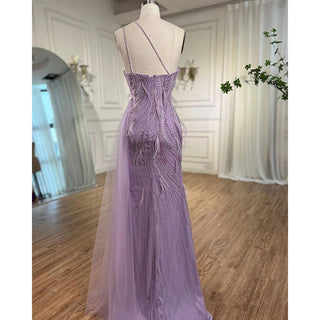 Lilac Mermaid Elegant One Shoulder Evening Dress with Feathers and Beaded Detail - Women's Wedding Party Gown 2024