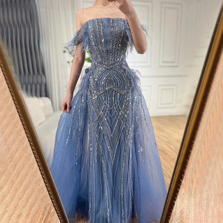 Ships in 1 to 3 Days -2024 Blue Mermaid Gown with Luxury Feathers, Beading, and Overlay Skirt - Saudi Evening Dress for Formal Occasions