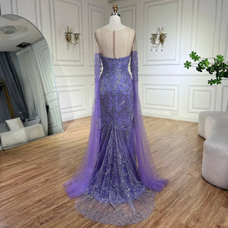 2024 Arabic Lilac Cape Sleeve Mermaid Luxury Dubai Evening Gown Beaded Dress for Women's Party