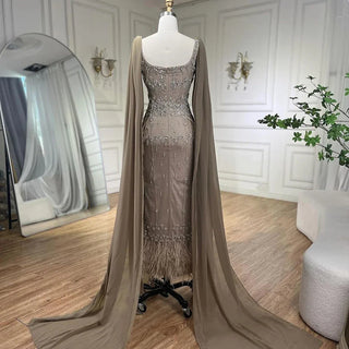 Caramel Mermaid Ankle-Length Evening Dress: 2024 Luxury Beaded Feather Gown for Women's Wedding Party