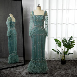 Turquoise Mermaid Elegant Evening Dress: 2024 Luxury Beaded Feather Long Sleeves for Muslim Women's Party