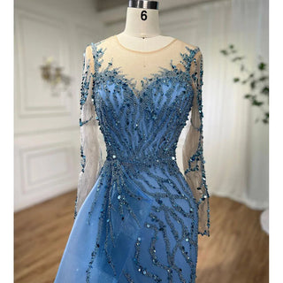 Blue Long Sleeve Elegant Mermaid Evening Dress - 2024 Women's Party Gown with High Side Split Skirt