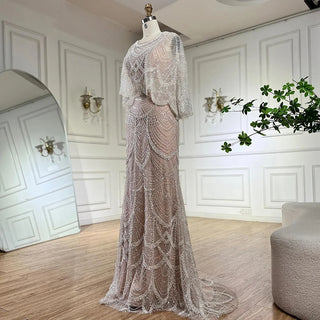 2024 White Nude Mermaid Beaded Luxury Evening Gown with Shawl for Formal Saudi Occasions