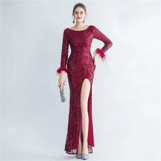 Stretch Feather Sequin Full Sleeve Evening Maxi Dress