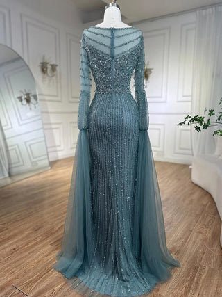 Ships in 1 to 3 Days - Arabic Turquoise Mermaid Elegant Evening Dress Gown 2024: Beaded Cape Sleeves, Luxury for Women Wedding Party