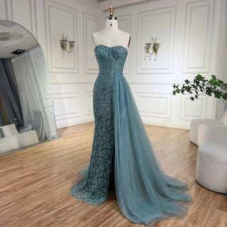 Ships in 1 to 3 Days - Arabic Turquoise Strapless High-Split Mermaid Beaded Luxury Evening Gown for Women Wedding Party 2024