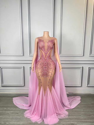 Illusion Crystal-Embellished Mermaid Evening Gown