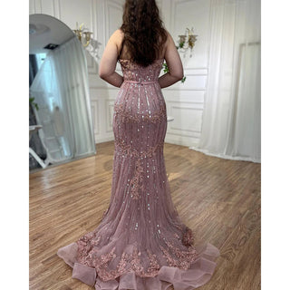 Pink Mermaid Sexy Spaghetti Straps Lace Beaded Evening Dress: Elegant Gown for Women's Wedding Party 2024