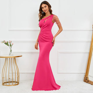 Sexy Rose Red Satin Evening Dress with Slit - Pleated Beaded Party Maxi Dress