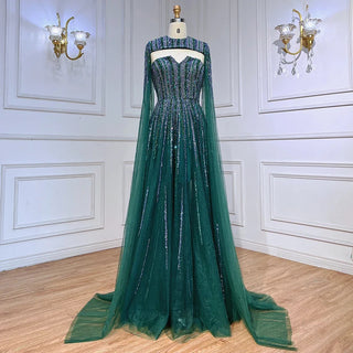 Ships in 1 to 3 Days - Arabic Green Cape Sleeves A-Line Beaded Evening Dress - Long Celebrity Gown for Women's Wedding Party 2024