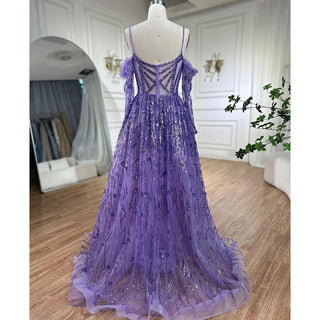 Arabic Purple Spaghetti Strap A-Line Dubai Evening Dress 2024 with Long Sleeves, Beaded Luxury - Ideal for Special Occasions