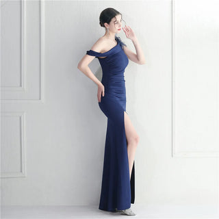 Sexy Slash Neck Feather Party Maxi Dress - Long Slit Prom Evening Dress for Women