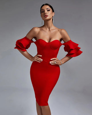 Red Off-Shoulder Ruffle Sleeve Bodycon Midi Dress for Women 2024