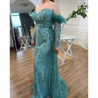 Chic Arabic Luxury Nude Mermaid Evening Dress with High Split, Beaded Feathers - Long 2024 Gown for Women's Wedding Party