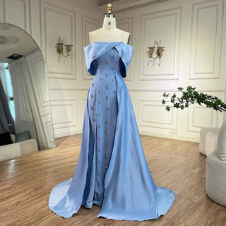 Ships in 1 to 3 Days - Blue Satin Elegant High Split Mermaid Evening Dress - Beaded Gown for Women's Party 2024