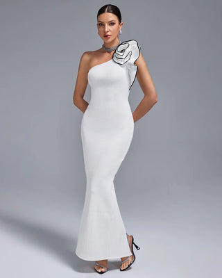 High-Quality One-Shoulder White Evening Dress with Flower Detail - Sleeveless Bodycon Bandage Dress for Ladies