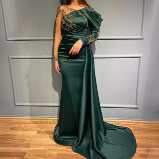 Luxury Black Satin Mermaid Arabic Evening Dress for Women's Wedding: Beaded Overskirt Elegant Formal Party Gown