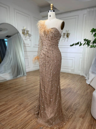 Ships in 1 to 3 Days - 2024 Caramel One-Shoulder Mermaid Luxury Beaded Evening Gown with Feathers - Elegant for Women's Parties