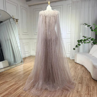 Pink Mermaid Evening Dress - Elegant Cape Sleeves with Luxury Feathers and Beading for Women's Party 2024