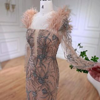 Ships in 1 to 3 Days - Luxury Dubai Nude One-Shoulder Beaded Feathers Mermaid Evening Dress - Gown for Women's Wedding Party