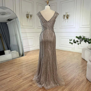 Ships in 1 to 3 Days - Dubai Beige Elegant Sleeveless Mermaid Beaded Arabic Evening Dresses Gowns for Women Wedding Party 2024