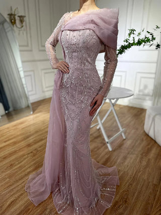 2024 Pink Mermaid Evening Dress with Luxury Beaded Pearls and Overskirt - Formal Gown