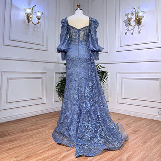 Arabic Elegance: Long-Sleeved Blue Mermaid Evening Dresses with Overskirt, Perfect for Wedding Parties and Plus-Size Women